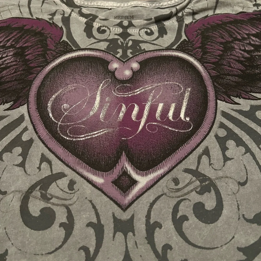 Sinful Women’s Y2K Tee with Heart and Wings Design - Picture 3 of 6